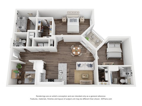 Floor plan for 2 beds, 2.5 baths, 1312 sqft